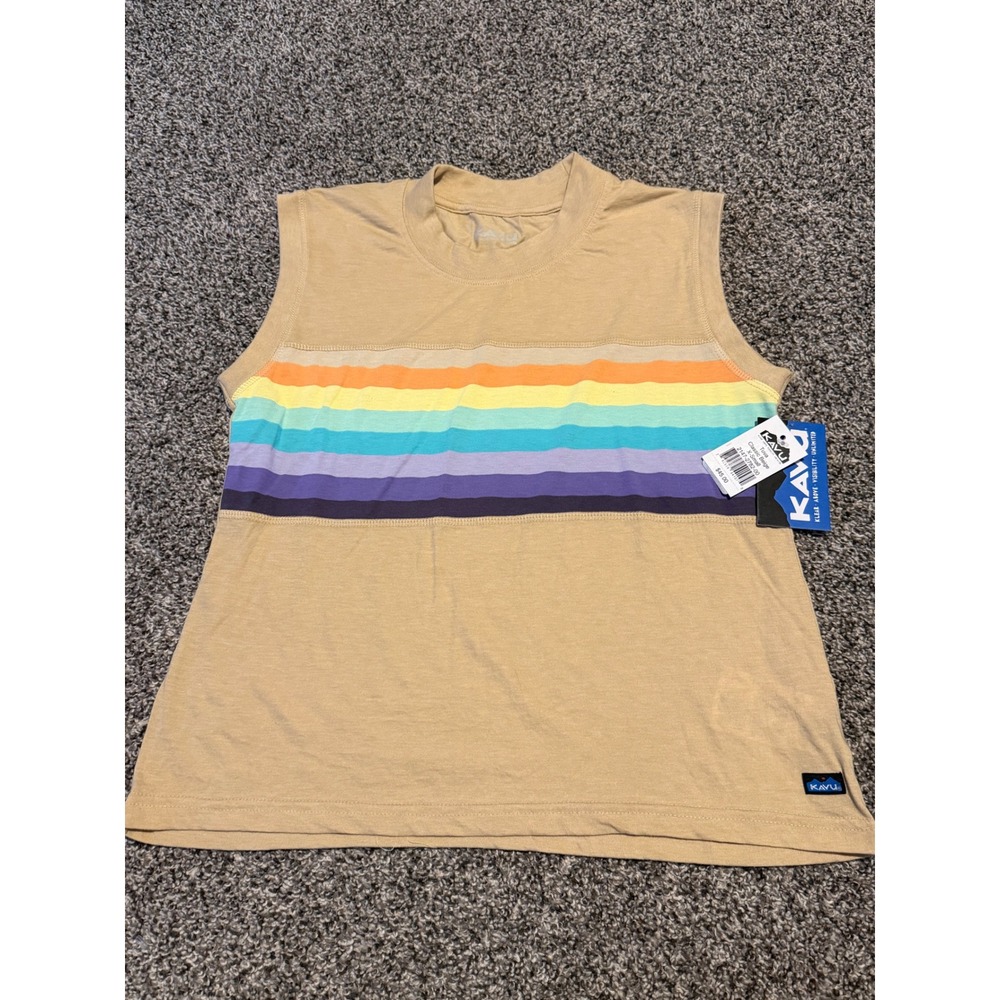 KAVU Tuva Sleeveless Mock Neck Top Classic Beige Rainbow Stripe XS nwt new